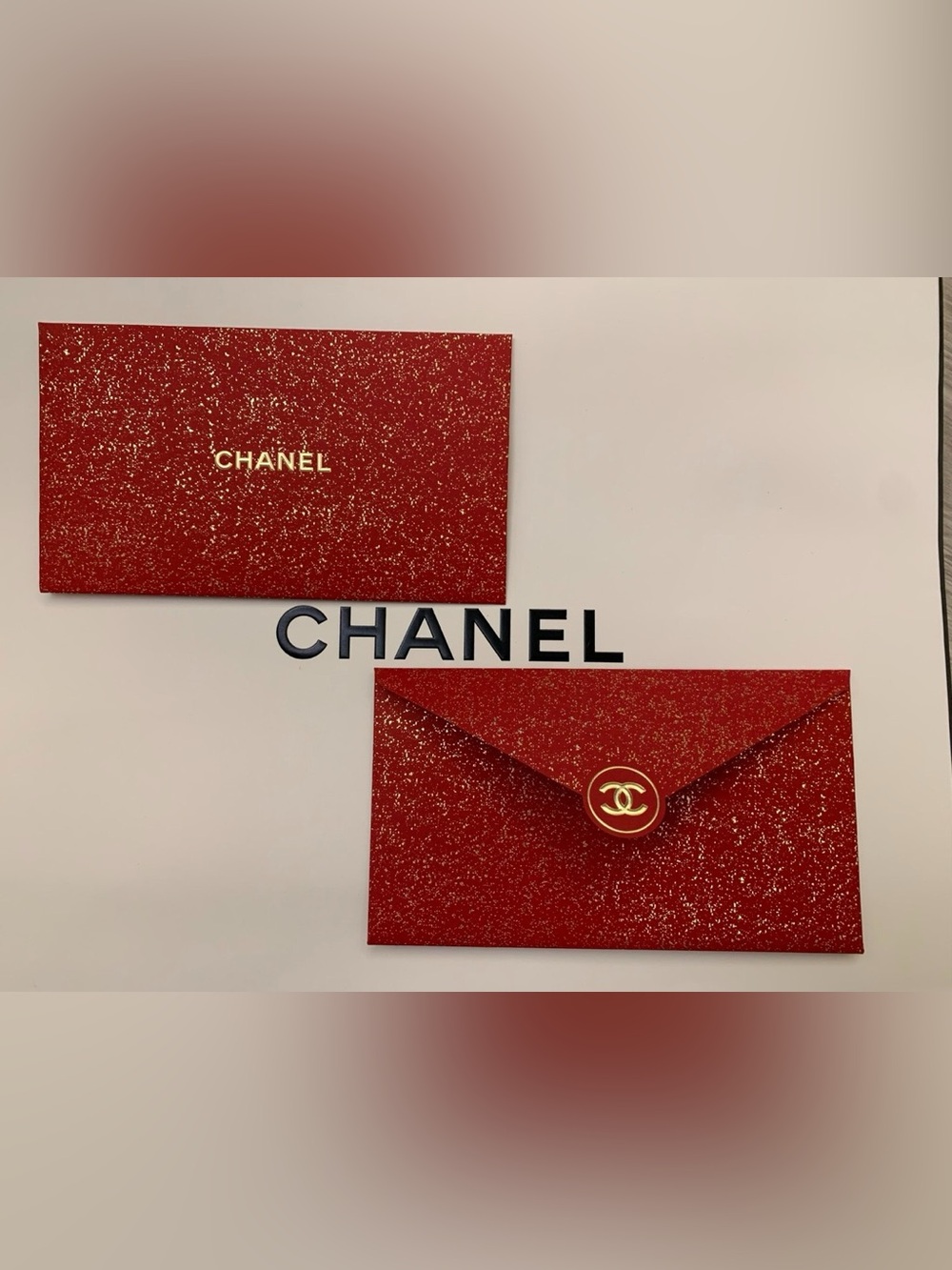 CHANEL Red Glitter Envelope with Gold CC Logo